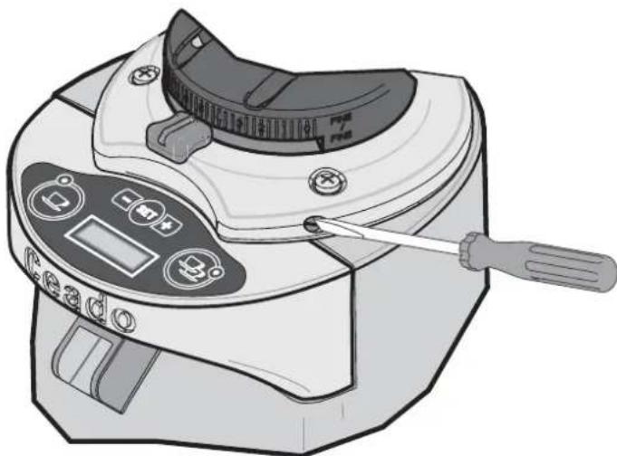 Illustration of a handheld electronic device with a screwdriver and control panel (no text or symbols)
