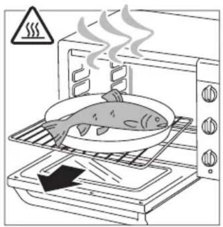 Illustration d'un poisson en train de cuire sur une plaque à induction avec de la vapeur s'élevant, sans texte ni symboles