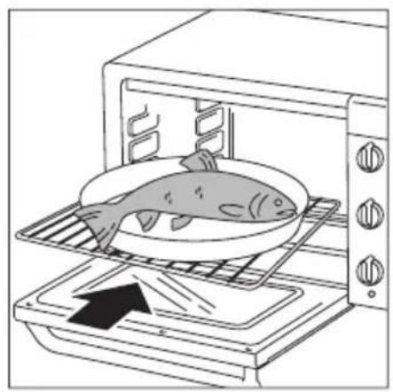 Dessin au trait d'un poisson dans un four avec une poêle sur la cuisinière, une flèche noire pointant vers la poêle (sans texte ni symboles)
