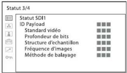 Statut 3/4, Statut SDI1, ID Payload, Standard vidéo, Profondeur de bits, Structure d'échantillon, Fréquence d'images, Méthode de balayage