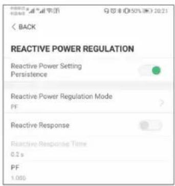 REACTIVE POWER REGULATION Reactive Power Setting Persistence Reactive Power Regulation Mode PF Reactive Response Reactive Responded Time 0.2 s PF 1.000