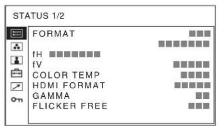 STATUS 1/2 FORMAT fH fV COLOR TEMP HDMI FORMAT GAMMA FLICKER FREE