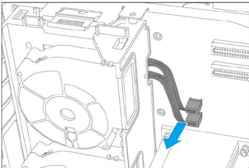 Technical line drawing of an open computer drive showing fan, CPU socket, and cable connector (no text or symbols)