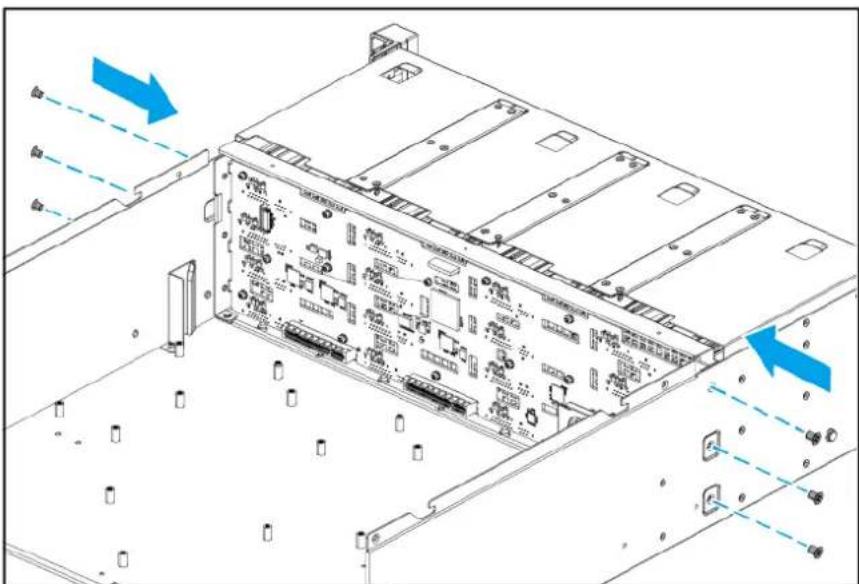 Technical line drawing of a server rack with visible internal components and directional arrows indicating movement (no text or symbols)