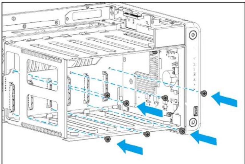 Technical diagram of a server rack with visible internal components and blue directional arrows indicating movement or force (no text or symbols present)
