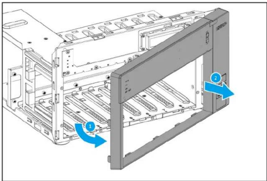 Technical diagram of a server rack with labeled components and directional arrows indicating movement or assembly.