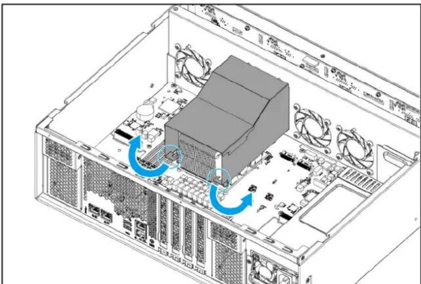 Interior view of a server rack with CPU socket and fan cooling fans, showing internal circuitry (no text or labels)