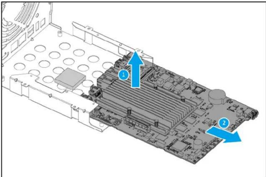 Technical diagram of an electronic device showing labeled components and a highlighted circuit board with blue arrows indicating parts 1 and 2.