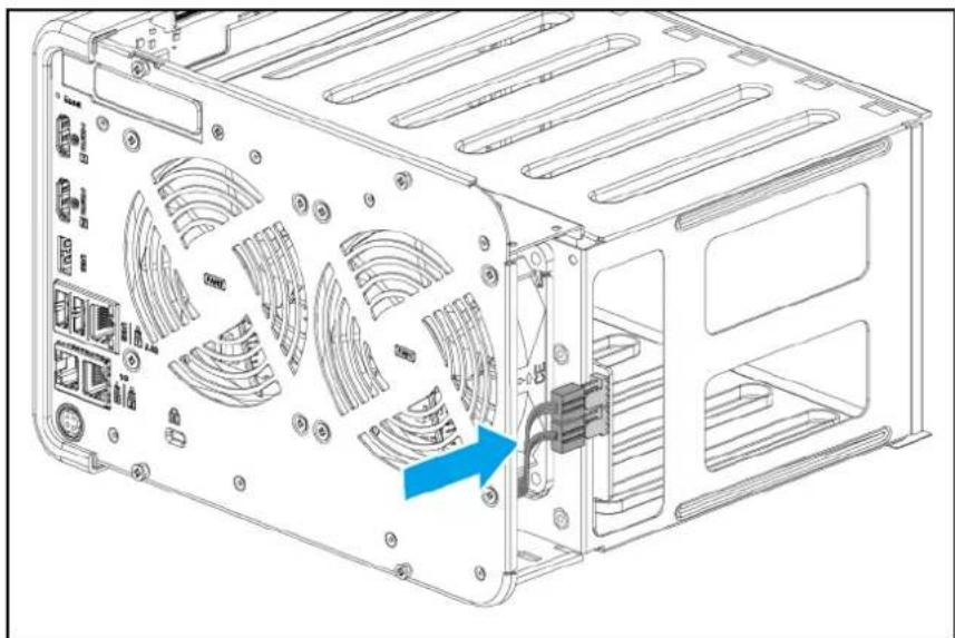 Technical line drawing of a computer tower case with ventilation ducts and a blue arrow indicating a component (no text or symbols present)