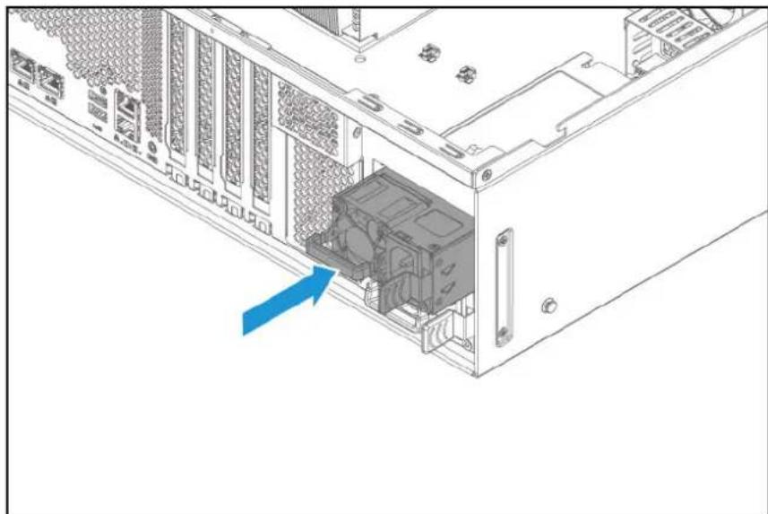Technical line drawing of a server rack with an internal drive and a blue arrow indicating direction (no text or symbols present)