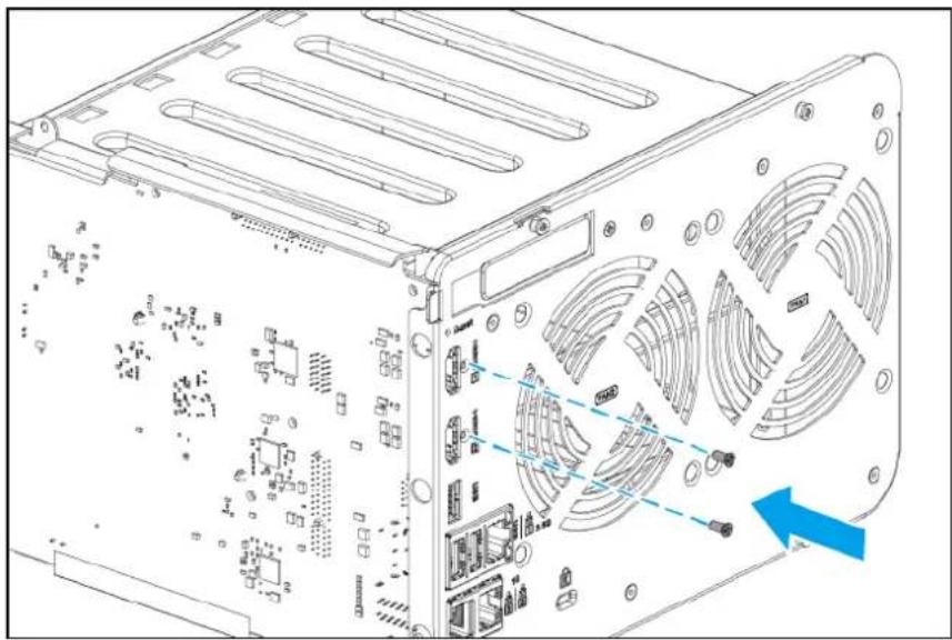 Technical line drawing of a computer drive chassis showing internal components and a blue arrow indicating a specific part (no text or symbols present)