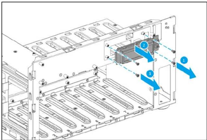 Technical diagram of a server rack with labeled components and directional arrows indicating assembly or movement.