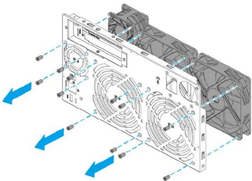 3D technical diagram of a computer drive chassis with fan and ventilation slots, showing internal components and airflow direction arrows (no text or labels)