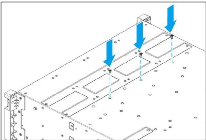Technical diagram of a server rack with blue arrows indicating mounting points (no text or symbols present)