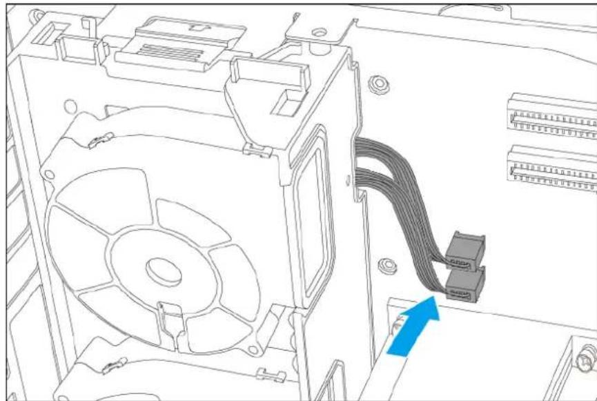 Technical line drawing of an internal computer drive showing fan, drive casing, and cable connector (no text or symbols)