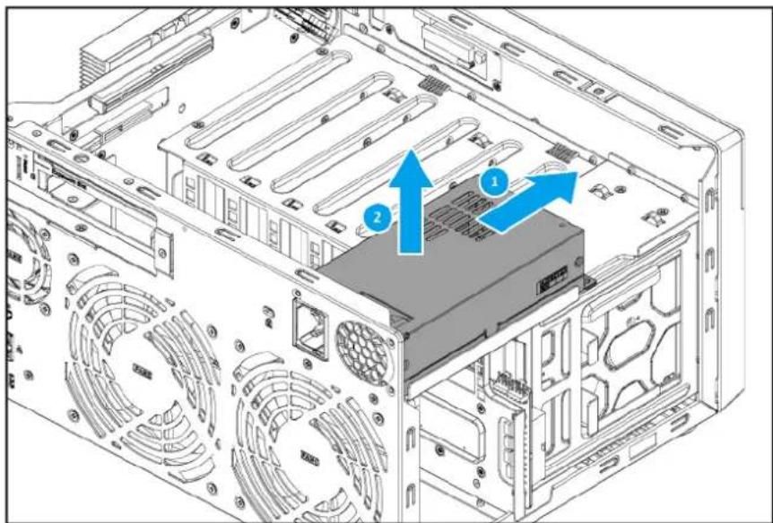 Technical diagram of a computer tower with labeled components and directional arrows indicating assembly or movement.