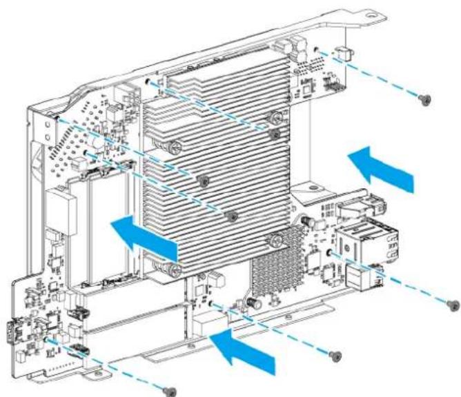 Technical diagram of an electronic device showing internal components and directional arrows indicating assembly or movement (no text or symbols present)