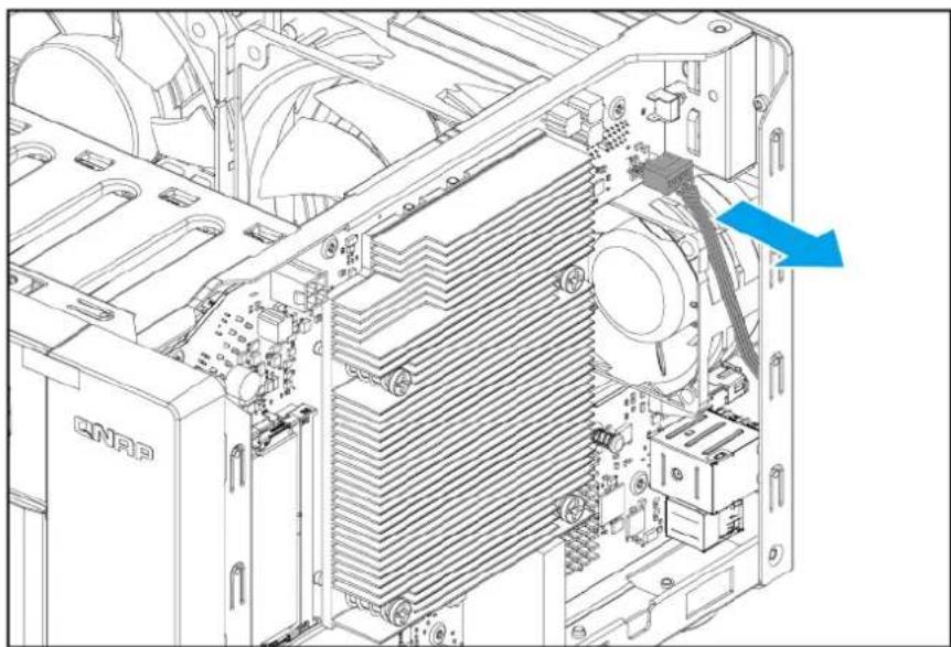 Technical diagram of an industrial machine with cooling fan and heat exchanger, showing internal components and a blue arrow indicating a specific component (no text or symbols present)