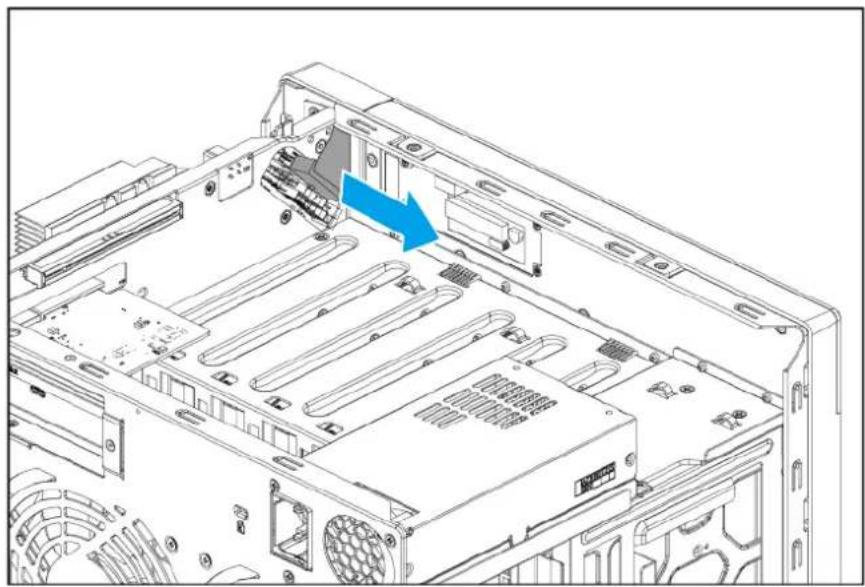 Technical line drawing of a computer tower internal structure showing ventilation slots and drive bays (no text or symbols)