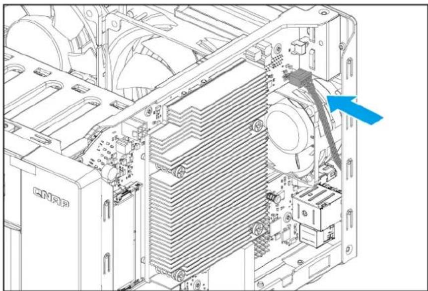 Technical diagram of an industrial machine with cooling fan and heat exchanger, showing internal components and a blue arrow indicating a component (no text or symbols present)