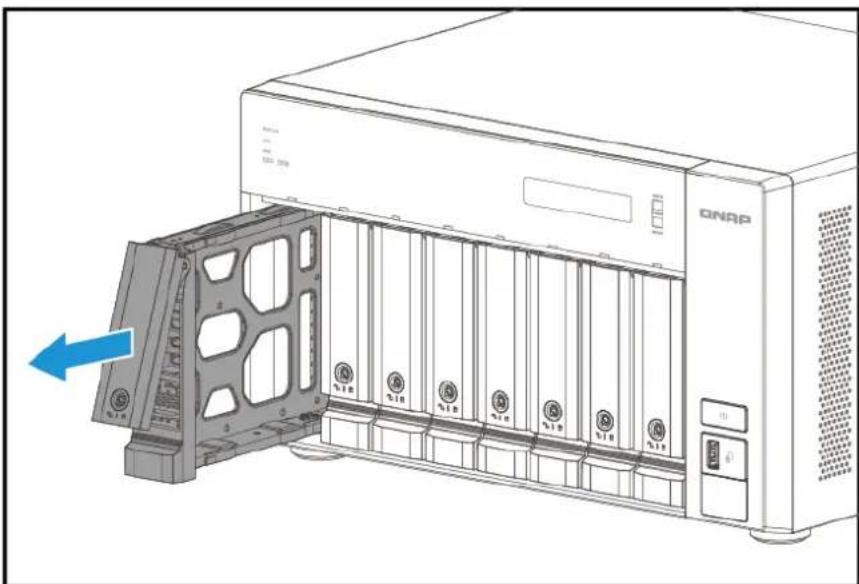 Diagram of a server rack unit with an open drive and a blue arrow indicating left motion (no text or symbols present)