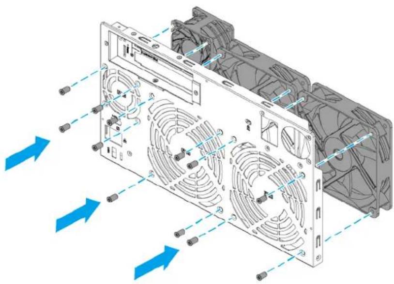 3D technical diagram of a computer drive chassis with fan and cooling fans, showing internal components and directional arrows (no text or labels)
