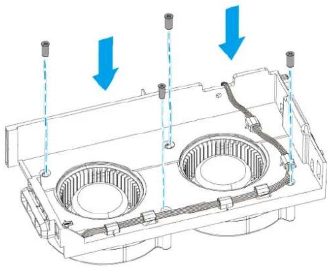 Technical diagram of a mechanical housing with two circular components and blue arrows indicating downward motion (no text or symbols)