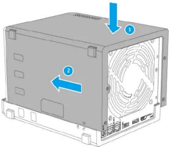 Diagram of a computer tower rear panel with labeled components and directional arrows indicating flow or movement.