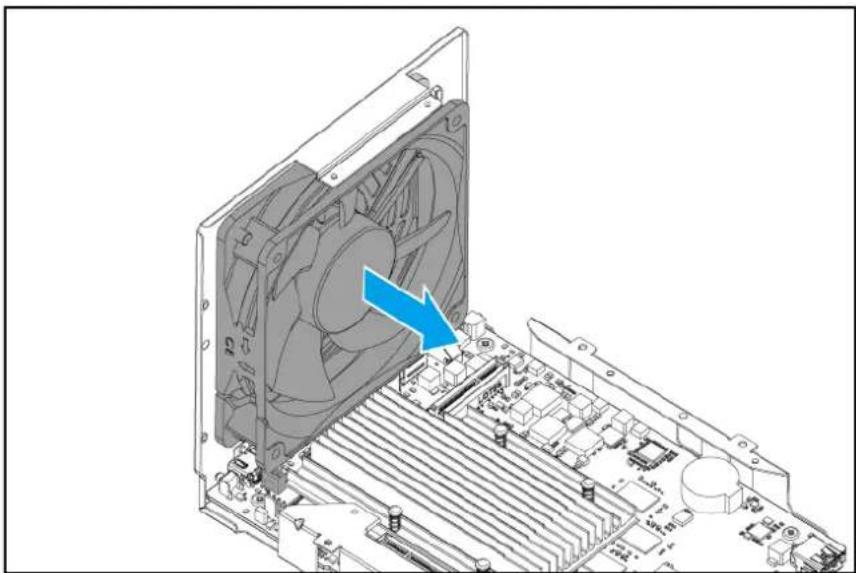 3D diagram of an open computer motherboard showing a fan blade and CPU socket (no text or symbols)