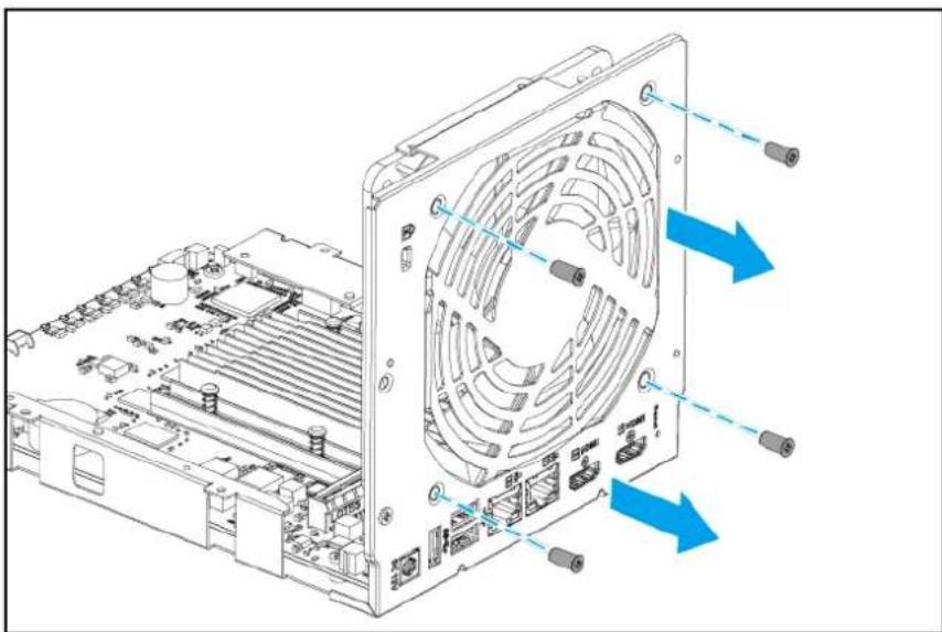 Technical line drawing of a computer motherboard with fan and drive components, showing blue directional arrows indicating assembly or movement (no text or symbols present)