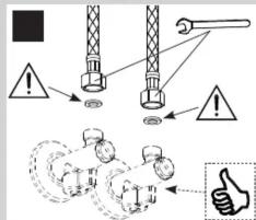 Schéma d'avertissement de sécurité montrant l'installation d'un boulon et d'un écrou avec des symboles d'avertissement et des icônes de sécurité