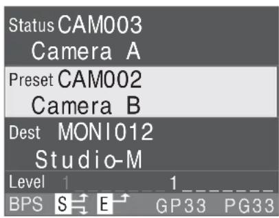 Status CAM003 Camera A Preset CAM002 Camera B Dest MONI012 Studio-M Level 1 1 BPS S E GP33 PG33