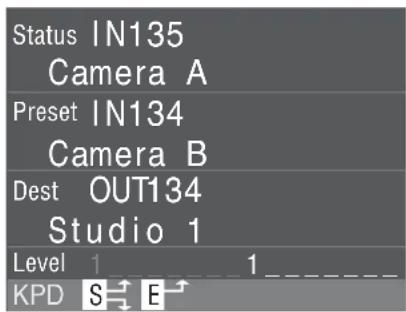 Status IN135, Camera A, Preset IN134, Camera B, Dest OUT134, Studio 1, Level 1 1, KPD S E