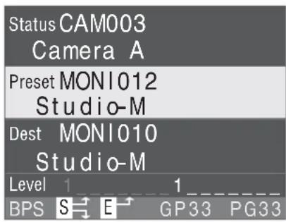 Status CAM003 Camera A Preset MONI012 Studio-M Dest MONI010 Studio-M Level 1 1 BPS S E GP33 PG33