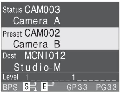 Status CAM003 Camera A Preset CAM002 Camera B Dest MONI012 Studio-M Level 1 1 BPS S E GP33 PG33