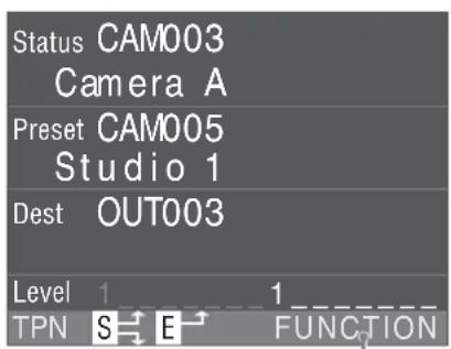 Status CAM003 Camera A Preset CAM005 Studio 1 Dest OUT003 Level 1 1 TPN S E FUNCTION
