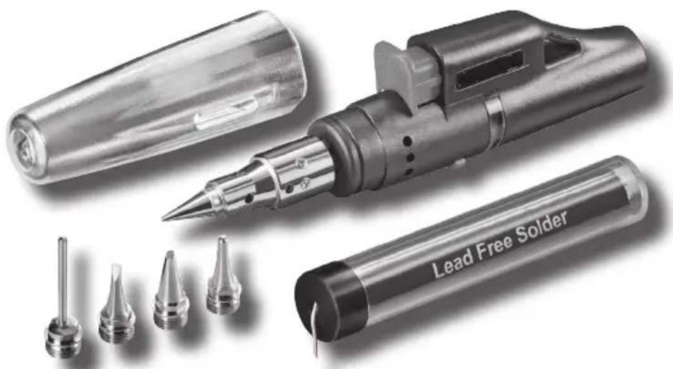 Product photo of a soldering iron with multiple tip holders and a lead-free solder (no text or symbols visible on main components)
