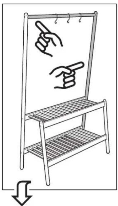 Diagram showing hand gestures on a whiteboard with two fingers pointing, and a downward arrow indicating action.