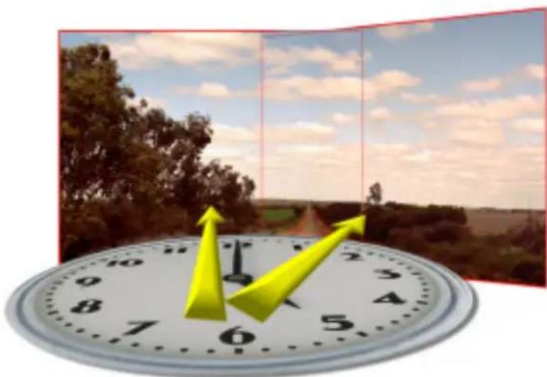 Analog clock with yellow directional arrows pointing upward, set against a landscape background (no text or symbols)