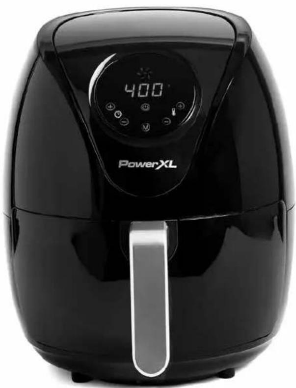 Black power-XL air fryer with digital display and side handle (no visible text or symbols on device body)
