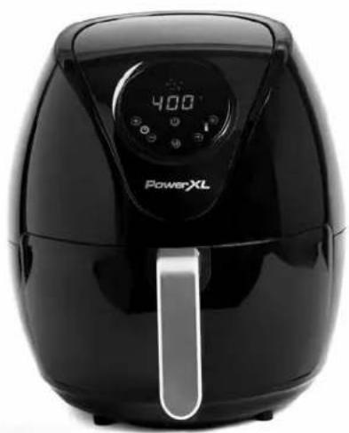 Black power air fryer with digital display and side handle (no visible text or symbols)