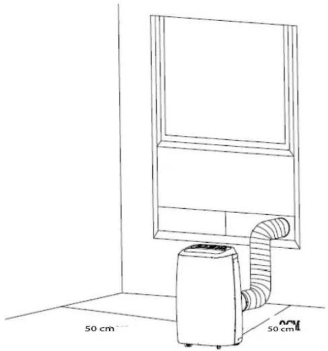 Line drawing of a simple indoor air conditioner unit mounted on a wall-mounted device, with dimension labels (50 cm) shown for scale.