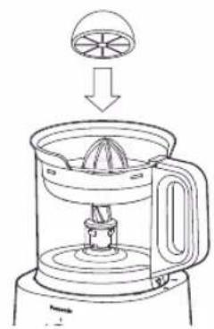 Line drawing of a blender with a lid and handle, showing internal components and a downward arrow (no text or symbols)