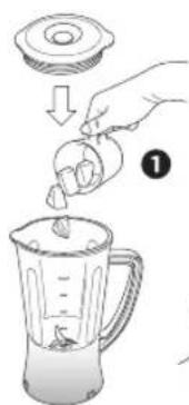 Illustration of a hand pouring liquid into a blender with a lid (no text or symbols)