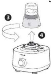 Diagram showing a kitchen appliance with labeled parts and rotation arrows indicating motion.