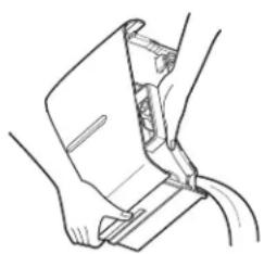 Line drawing of a hand holding a device with a cable, no text or symbols present.