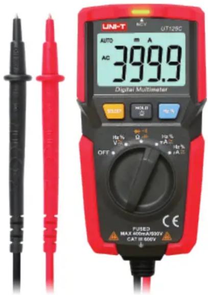 UNI-T AUTO m A AC 399.9 Multimètre numérique SELECT HOLD HA % No % Q % TA % Vrms OFF PUSED MAX 400mA/930V CAT:18 600V CE