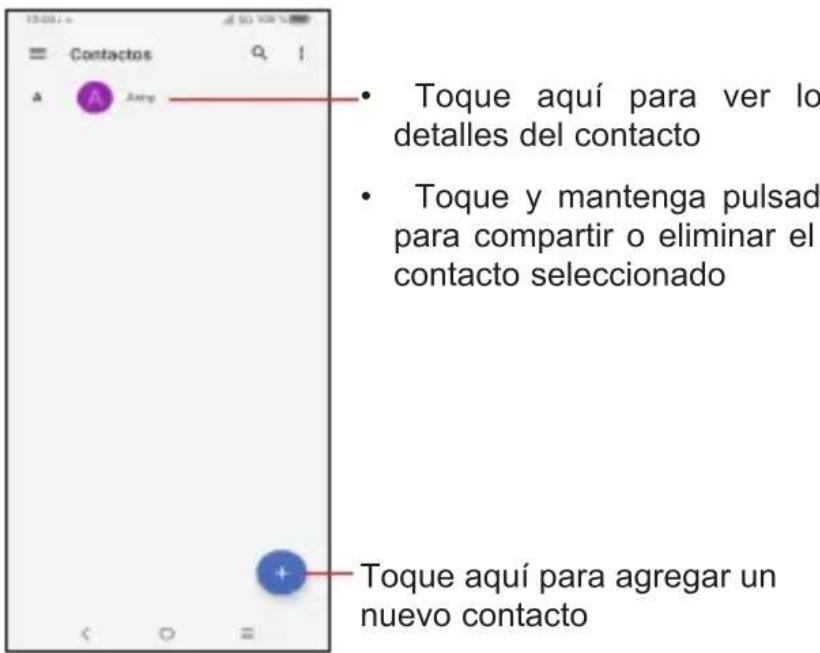 Contactos Toque aquí para ver los detalles del contacto Toque y mantenga pulsado para compartir o eliminar el contacto seleccionado Toque aquí para agregar un nuevo contacto