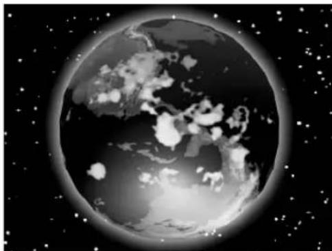 Black-and-white illustration of Earth from space with visible cloud patterns and starry background (no text or symbols)