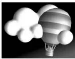 3D rendered image of a hot air balloon with cloud shapes around it (no text or symbols)